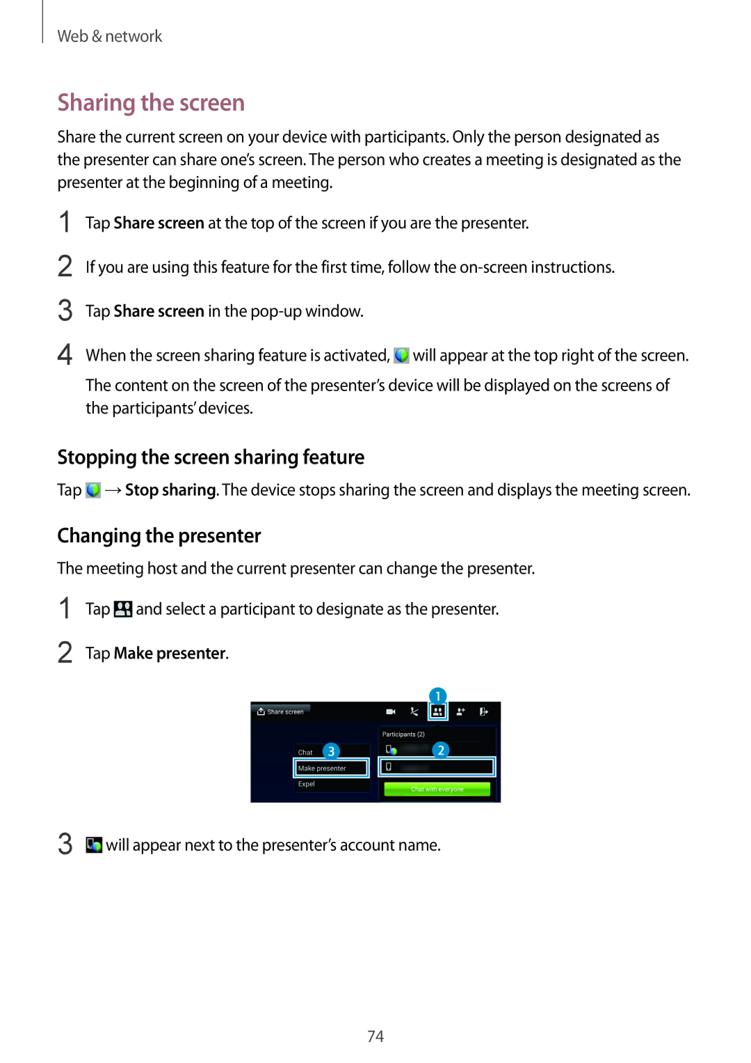 Samsung SM-T9000ZKAILO Sharing the screen, Stopping the screen sharing feature, Changing the presenter, Tap Make presenter 