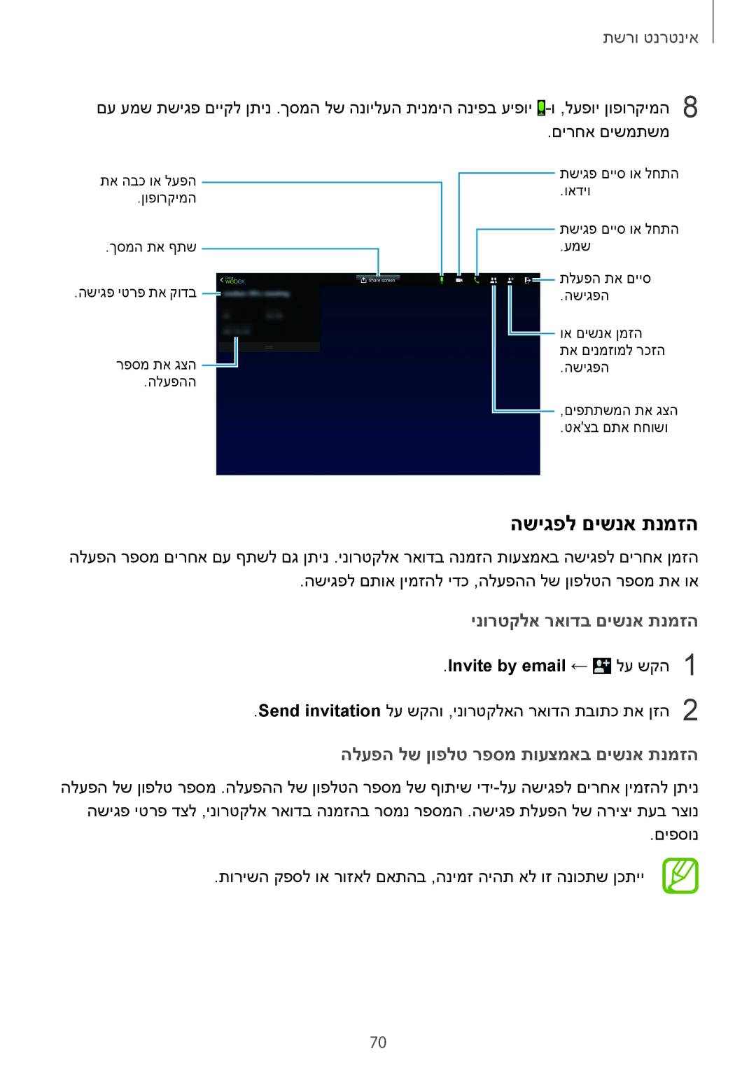 Samsung SM-T9000ZKAILO, SM-T9000ZWAILO manual השיגפל םישנא תנמזה, Invite by email ← לע שקה1 