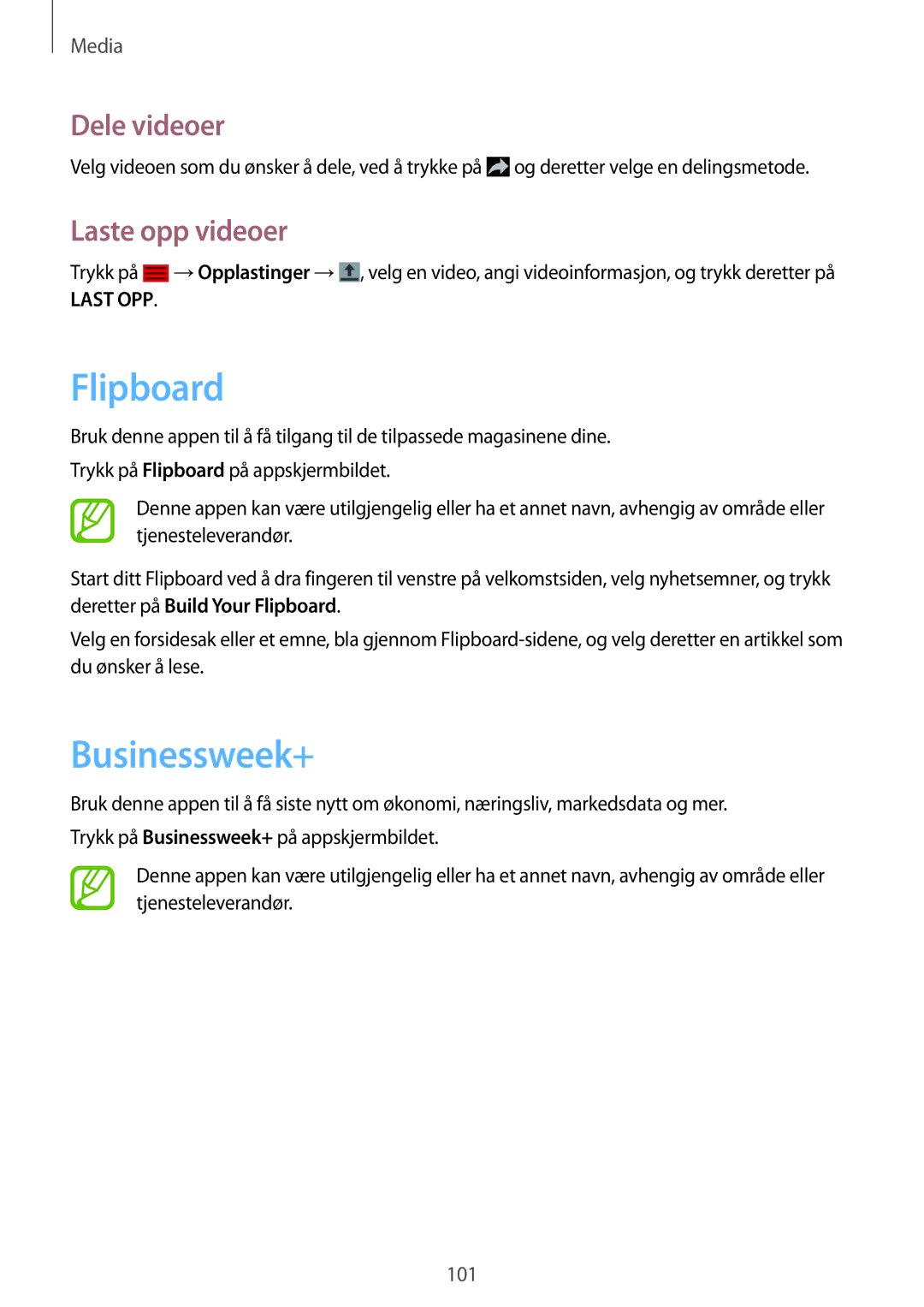 Samsung SM-T9000ZWANEE, SM-T9000ZKANEE manual Flipboard, Businessweek+, Laste opp videoer 