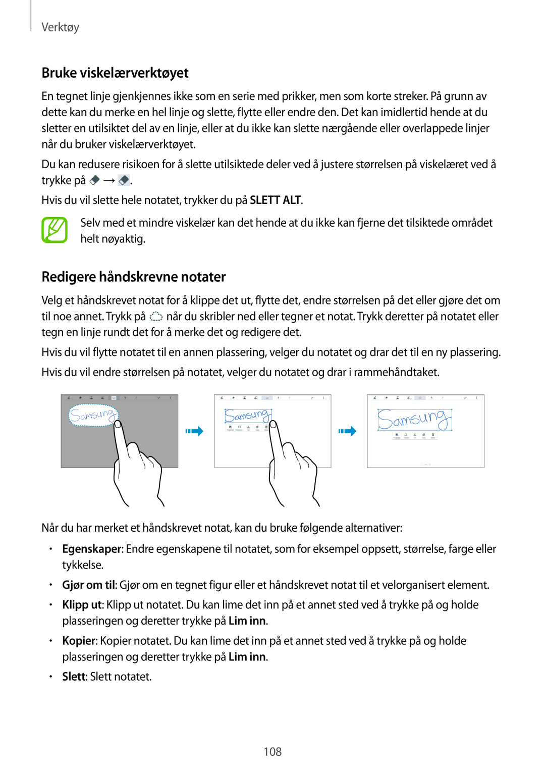 Samsung SM-T9000ZKANEE, SM-T9000ZWANEE manual Bruke viskelærverktøyet, Redigere håndskrevne notater 