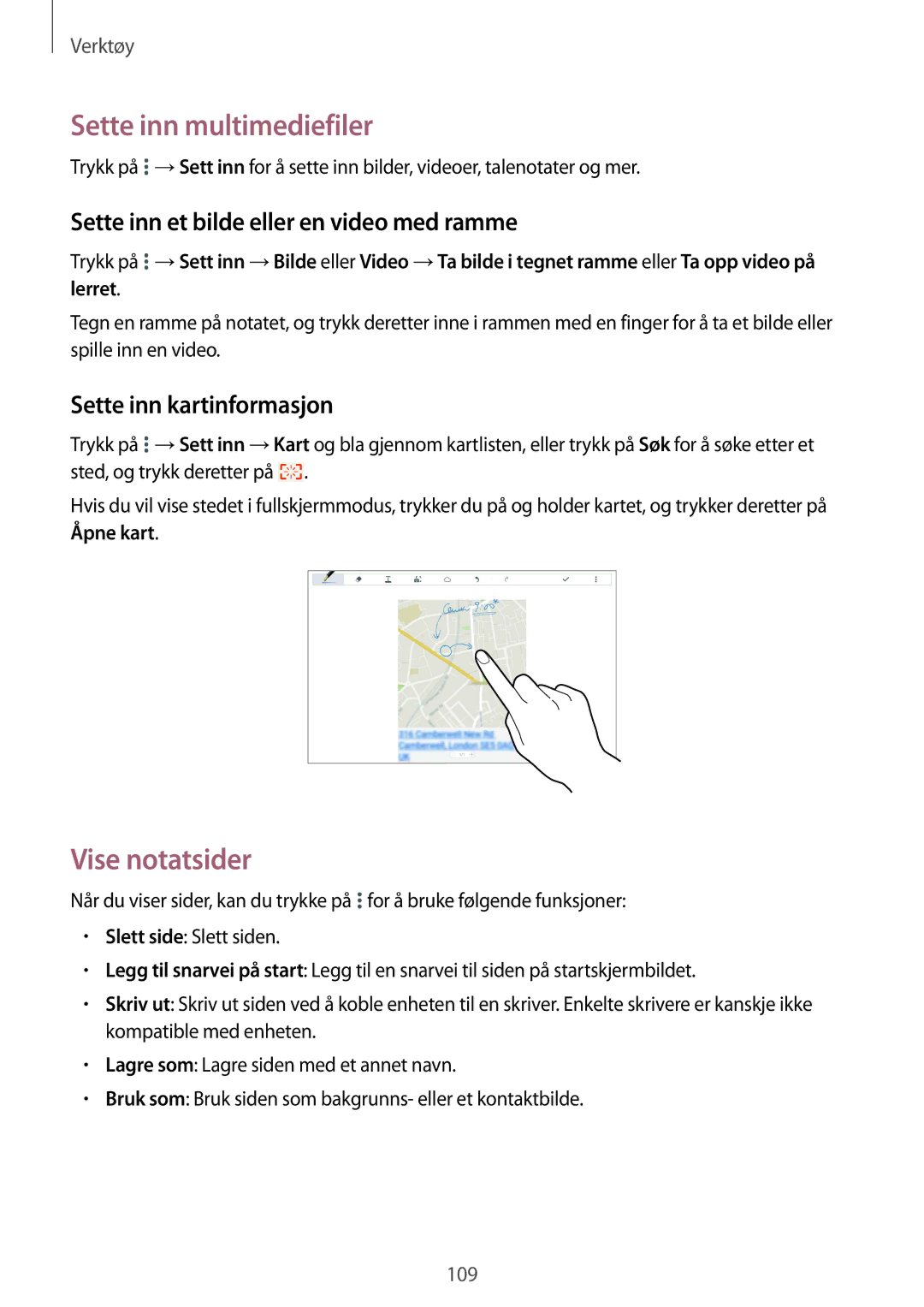 Samsung SM-T9000ZWANEE manual Sette inn multimediefiler, Vise notatsider, Sette inn et bilde eller en video med ramme 