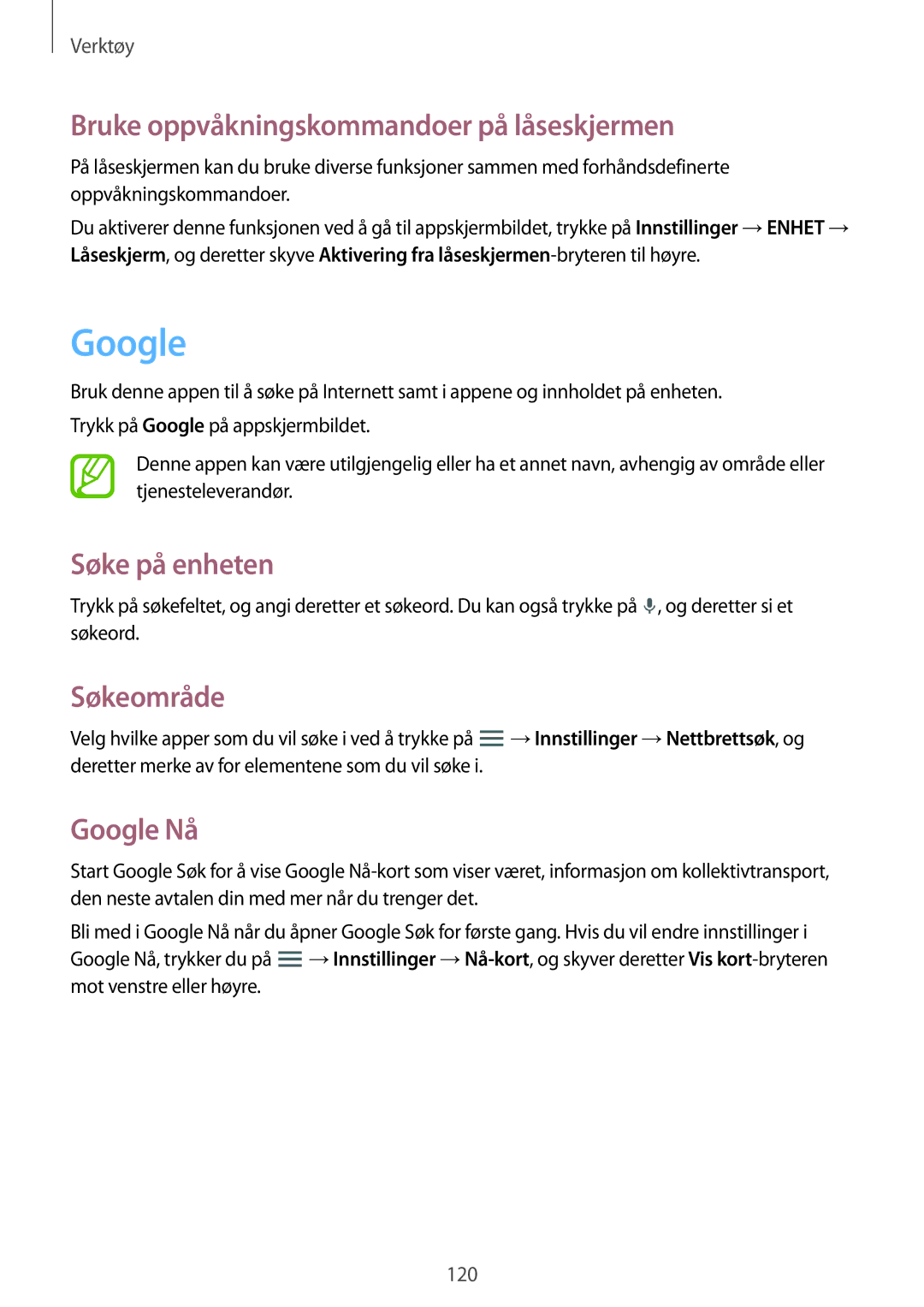 Samsung SM-T9000ZKANEE manual Bruke oppvåkningskommandoer på låseskjermen, Søke på enheten, Søkeområde, Google Nå 