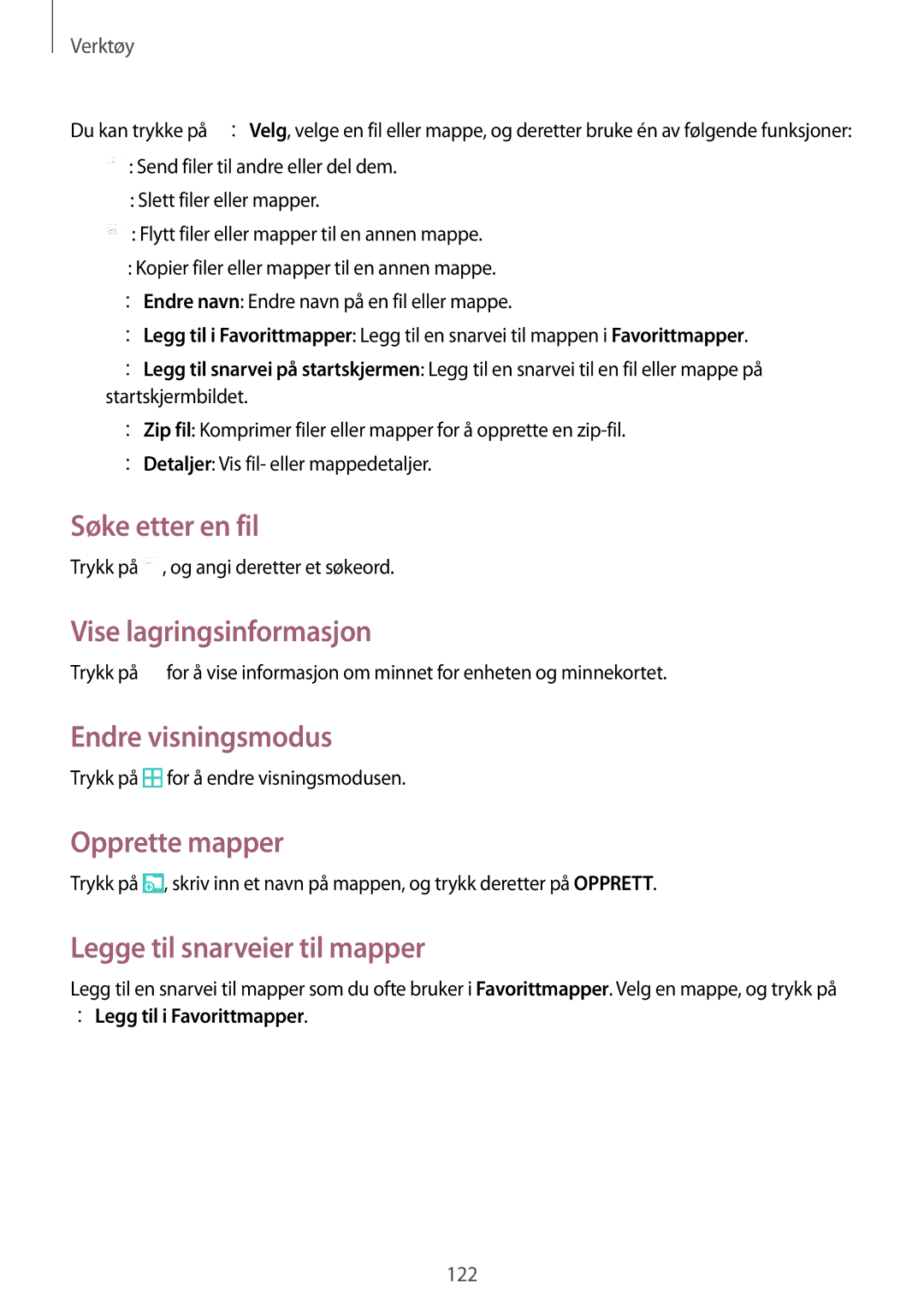 Samsung SM-T9000ZKANEE, SM-T9000ZWANEE Søke etter en fil, Vise lagringsinformasjon, Endre visningsmodus, Opprette mapper 