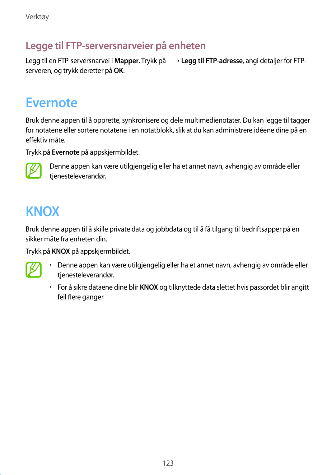 Samsung SM-T9000ZWANEE, SM-T9000ZKANEE manual Evernote, Legge til FTP-serversnarveier på enheten 