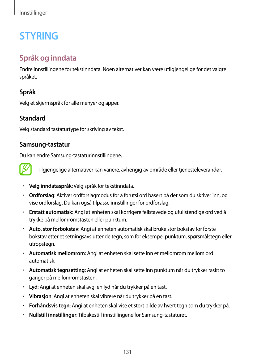 Samsung SM-T9000ZWANEE, SM-T9000ZKANEE manual Språk og inndata, Standard, Samsung-tastatur 