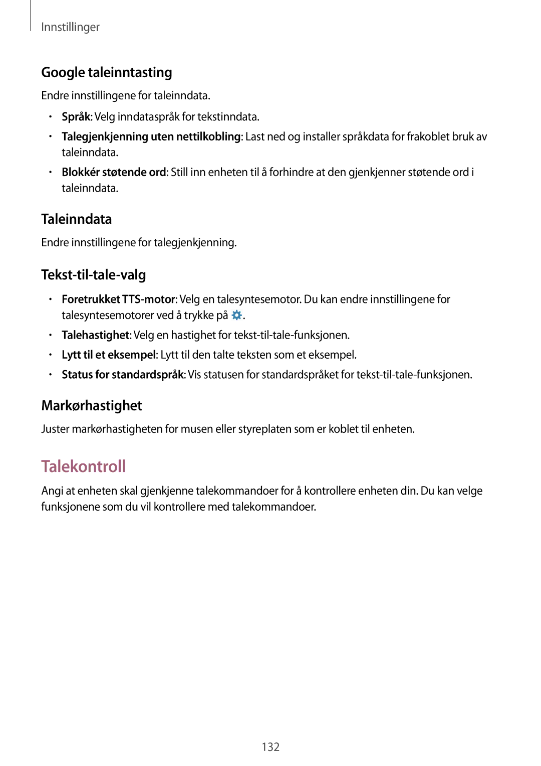 Samsung SM-T9000ZKANEE manual Talekontroll, Google taleinntasting, Taleinndata, Tekst-til-tale-valg, Markørhastighet 