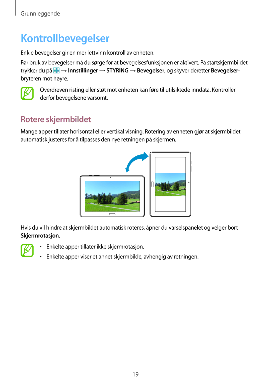Samsung SM-T9000ZWANEE, SM-T9000ZKANEE manual Kontrollbevegelser, Rotere skjermbildet 