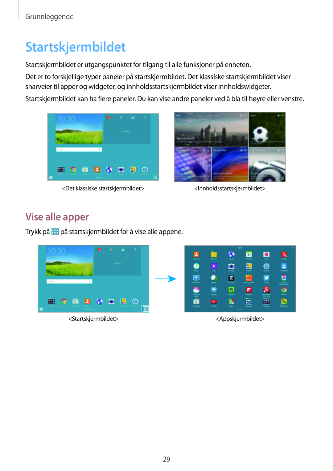Samsung SM-T9000ZWANEE, SM-T9000ZKANEE manual Startskjermbildet, Vise alle apper 