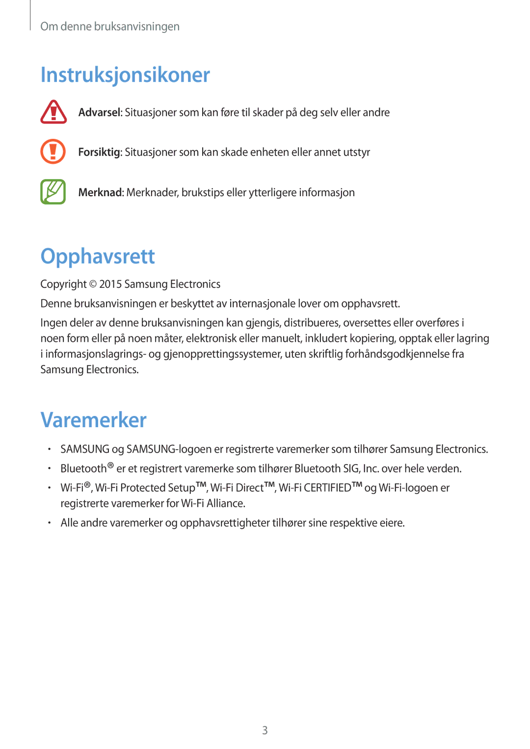 Samsung SM-T9000ZWANEE, SM-T9000ZKANEE manual Instruksjonsikoner, Opphavsrett, Varemerker 