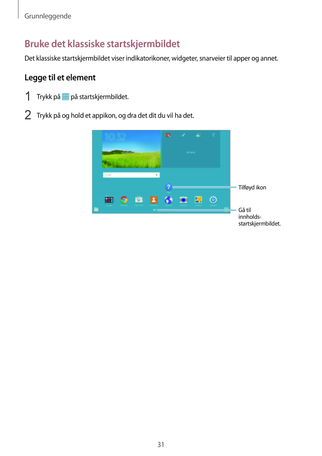 Samsung SM-T9000ZWANEE, SM-T9000ZKANEE manual Bruke det klassiske startskjermbildet, Legge til et element 