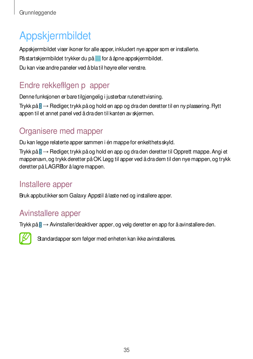 Samsung SM-T9000ZWANEE manual Appskjermbildet, Endre rekkefølgen på apper, Organisere med mapper, Installere apper 