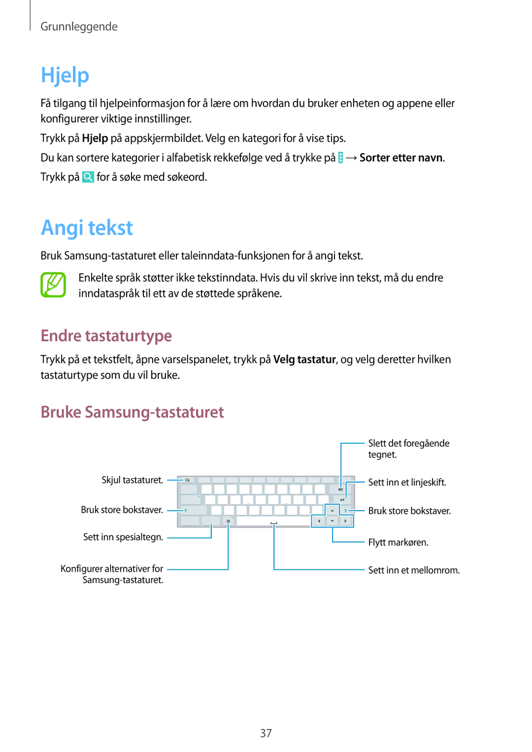 Samsung SM-T9000ZWANEE, SM-T9000ZKANEE manual Hjelp, Angi tekst, Endre tastaturtype, Bruke Samsung-tastaturet 