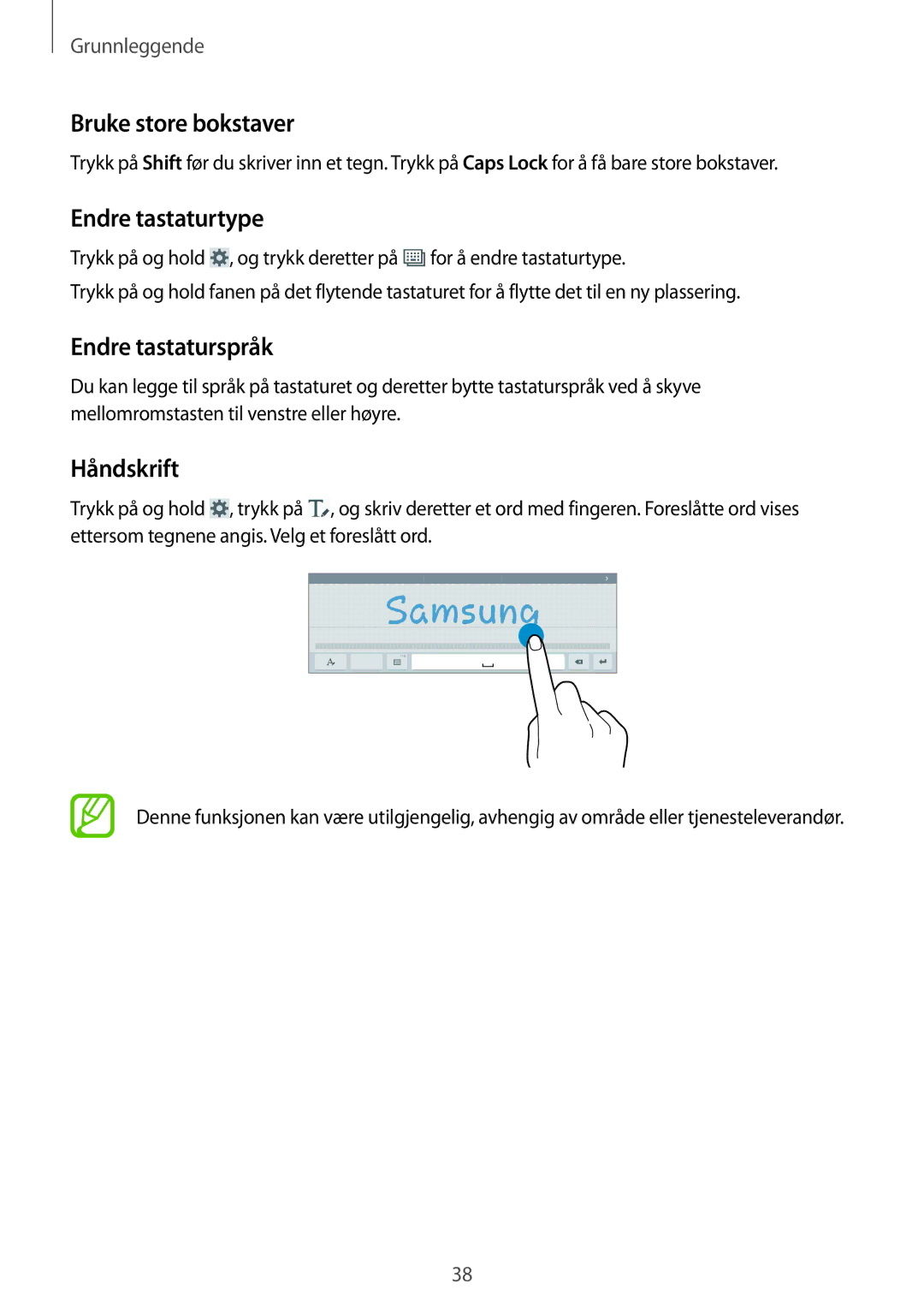 Samsung SM-T9000ZKANEE, SM-T9000ZWANEE manual Bruke store bokstaver, Endre tastaturtype, Endre tastaturspråk, Håndskrift 