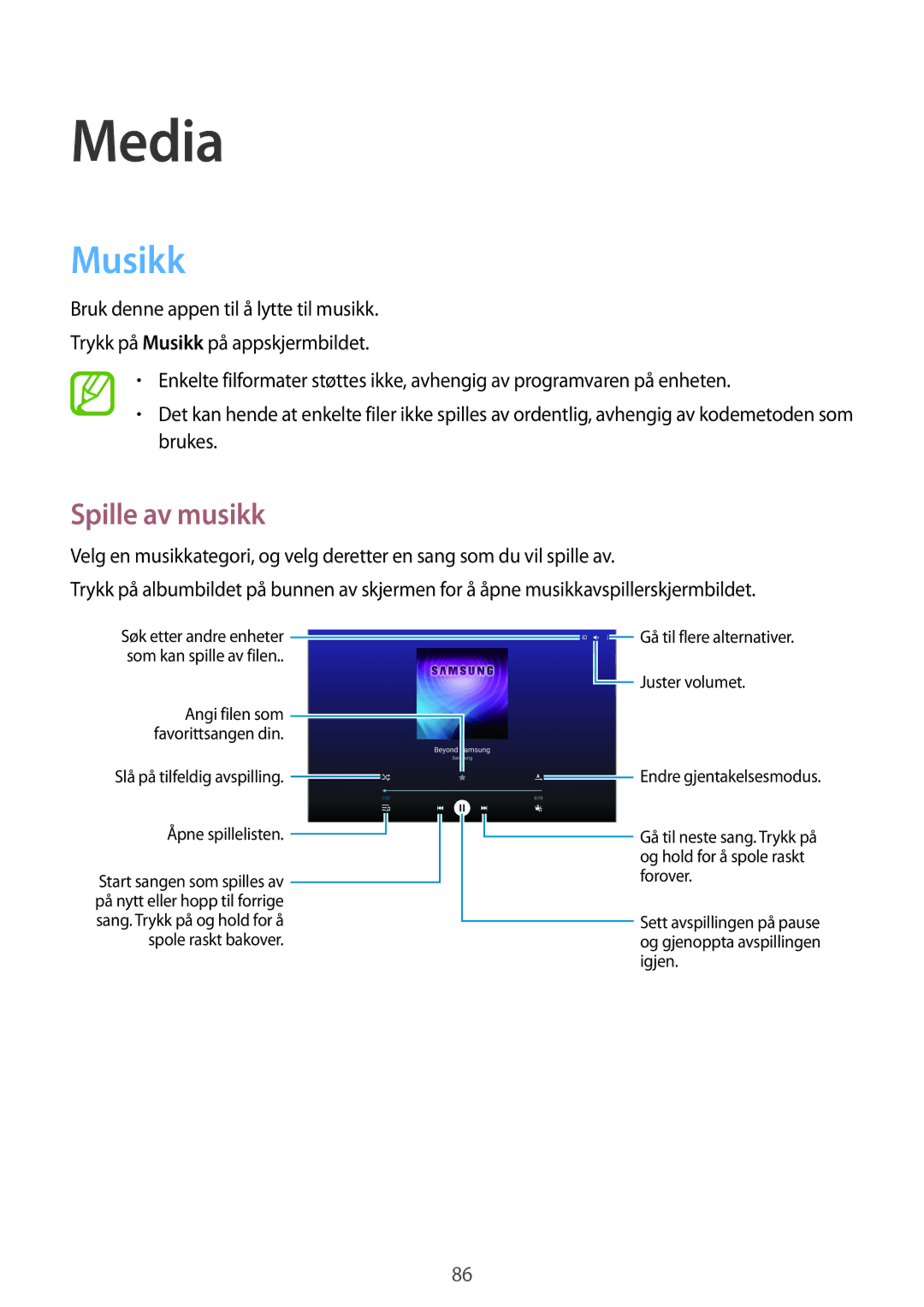 Samsung SM-T9000ZKANEE, SM-T9000ZWANEE manual Media, Musikk, Spille av musikk 