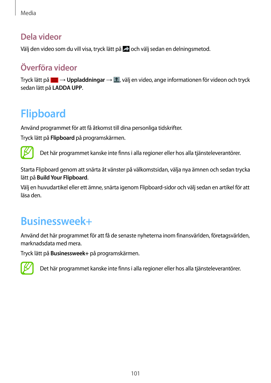 Samsung SM-T9000ZWANEE, SM-T9000ZKANEE manual Flipboard, Businessweek+, Överföra videor 