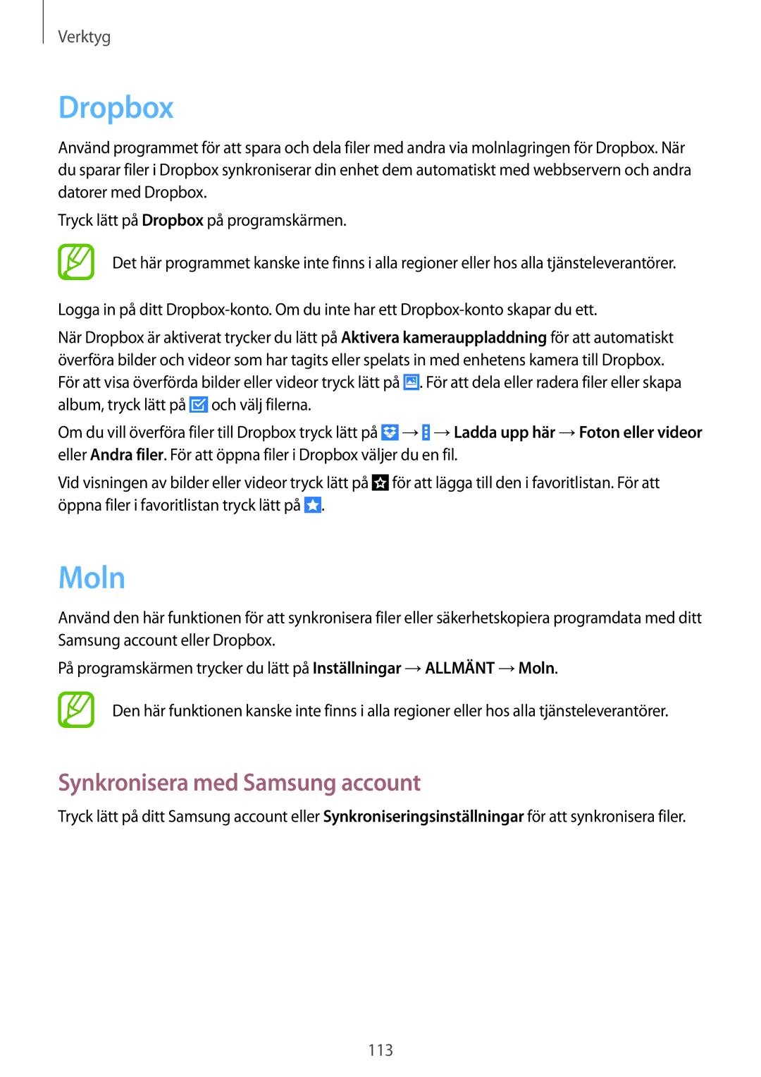 Samsung SM-T9000ZWANEE, SM-T9000ZKANEE manual Dropbox, Moln, Synkronisera med Samsung account 