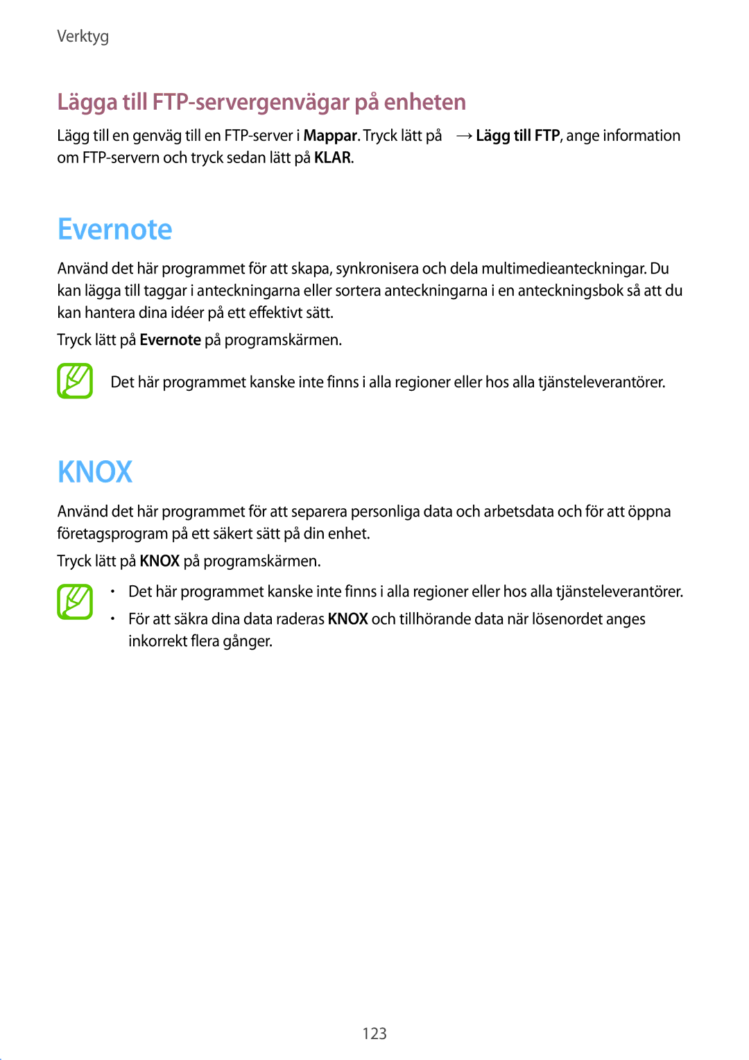 Samsung SM-T9000ZWANEE, SM-T9000ZKANEE manual Evernote, Lägga till FTP-servergenvägar på enheten 