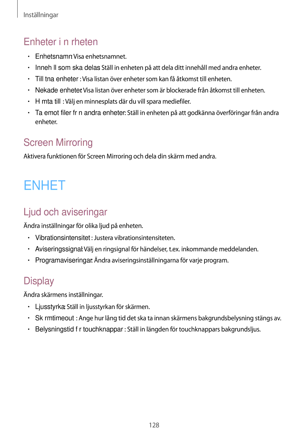 Samsung SM-T9000ZKANEE, SM-T9000ZWANEE manual Enheter i närheten, Screen Mirroring, Ljud och aviseringar, Display 