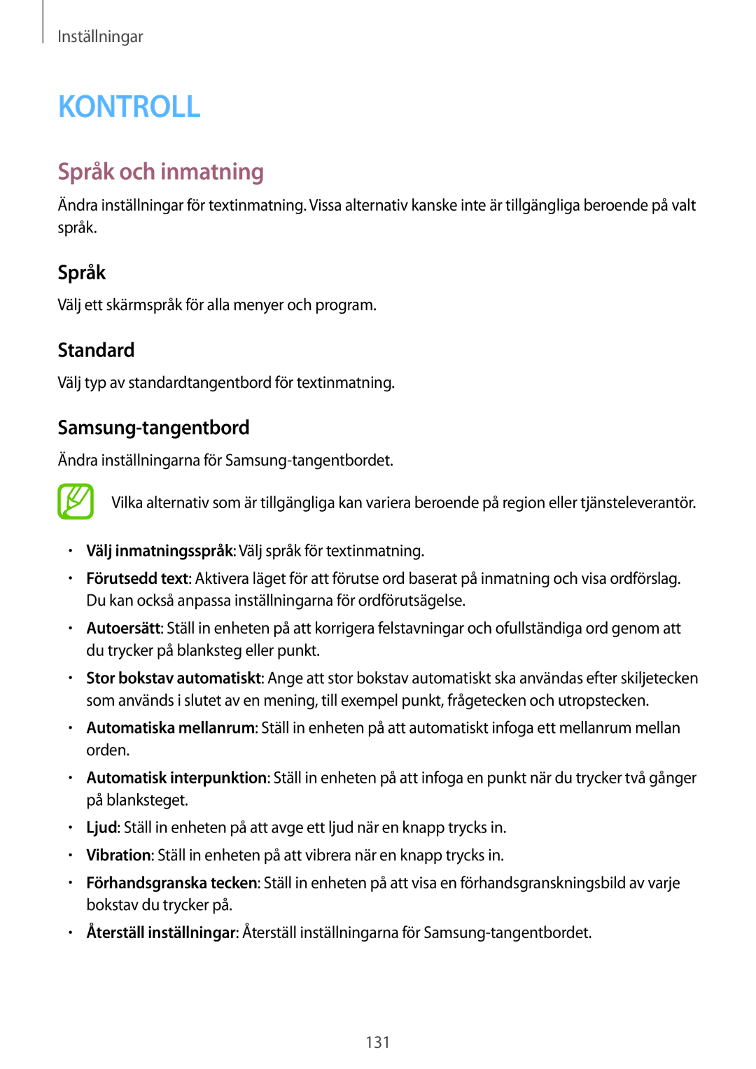 Samsung SM-T9000ZWANEE, SM-T9000ZKANEE manual Språk och inmatning, Standard, Samsung-tangentbord 