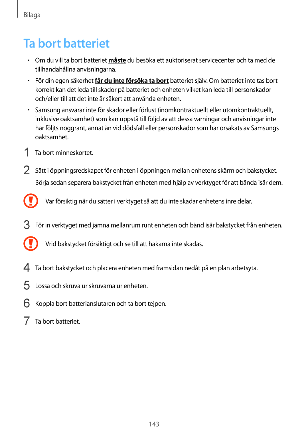 Samsung SM-T9000ZWANEE, SM-T9000ZKANEE manual Ta bort batteriet, 143 