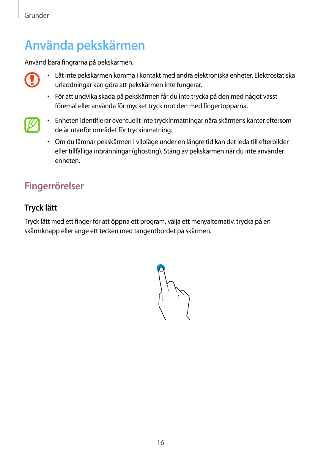 Samsung SM-T9000ZKANEE, SM-T9000ZWANEE manual Använda pekskärmen, Fingerrörelser, Tryck lätt 