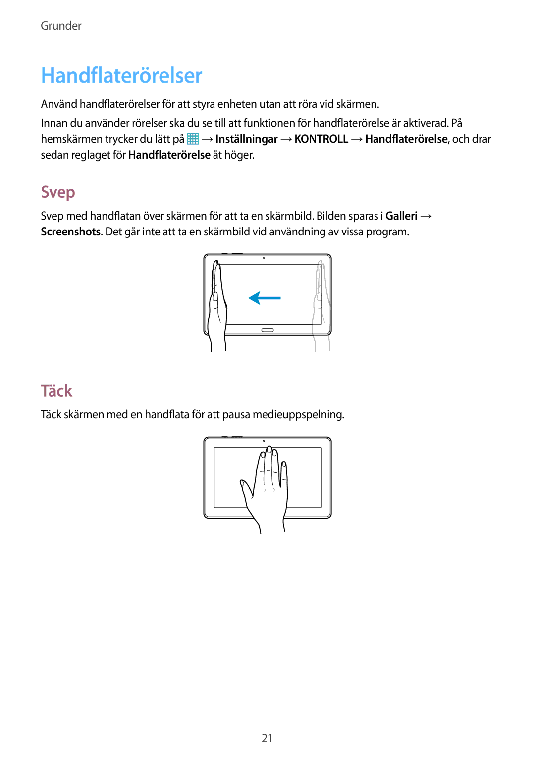Samsung SM-T9000ZWANEE, SM-T9000ZKANEE manual Handflaterörelser, Svep, Täck 