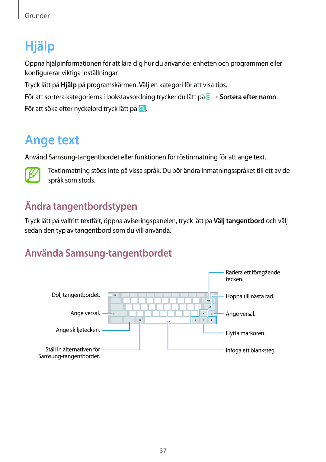 Samsung SM-T9000ZWANEE, SM-T9000ZKANEE manual Hjälp, Ange text, Ändra tangentbordstypen, Använda Samsung-tangentbordet 