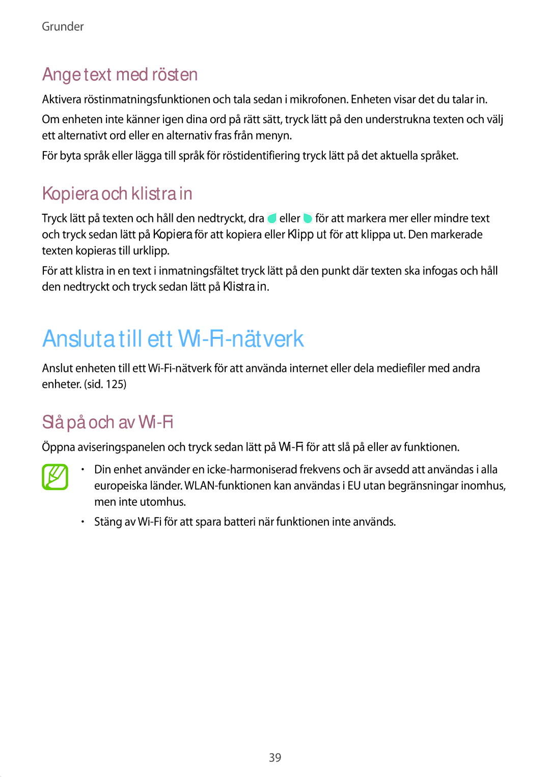 Samsung SM-T9000ZWANEE Ansluta till ett Wi-Fi-nätverk, Ange text med rösten, Kopiera och klistra, Slå på och av Wi-Fi 