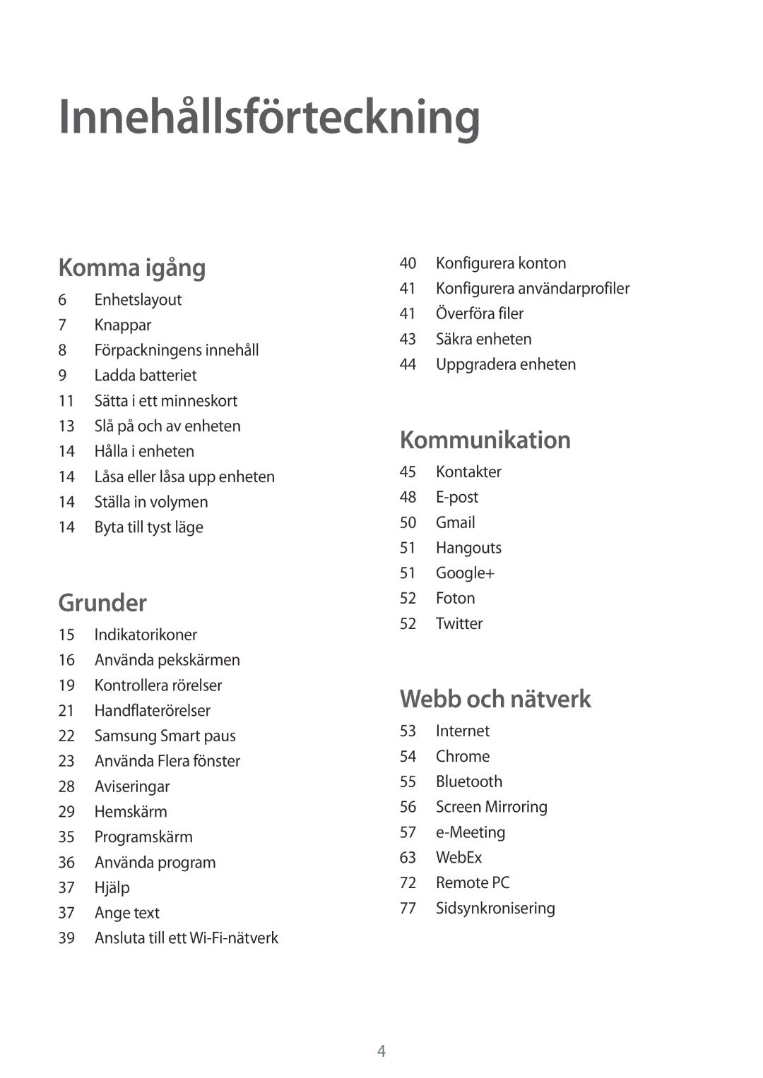 Samsung SM-T9000ZKANEE, SM-T9000ZWANEE manual Innehållsförteckning, Komma igång 