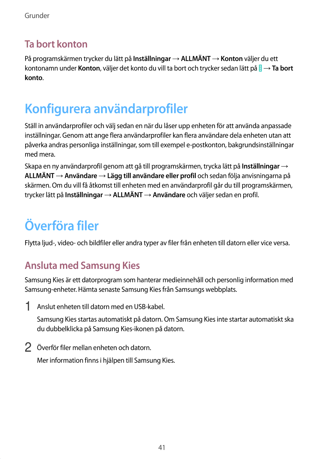 Samsung SM-T9000ZWANEE manual Konfigurera användarprofiler, Överföra filer, Ta bort konton, Ansluta med Samsung Kies 