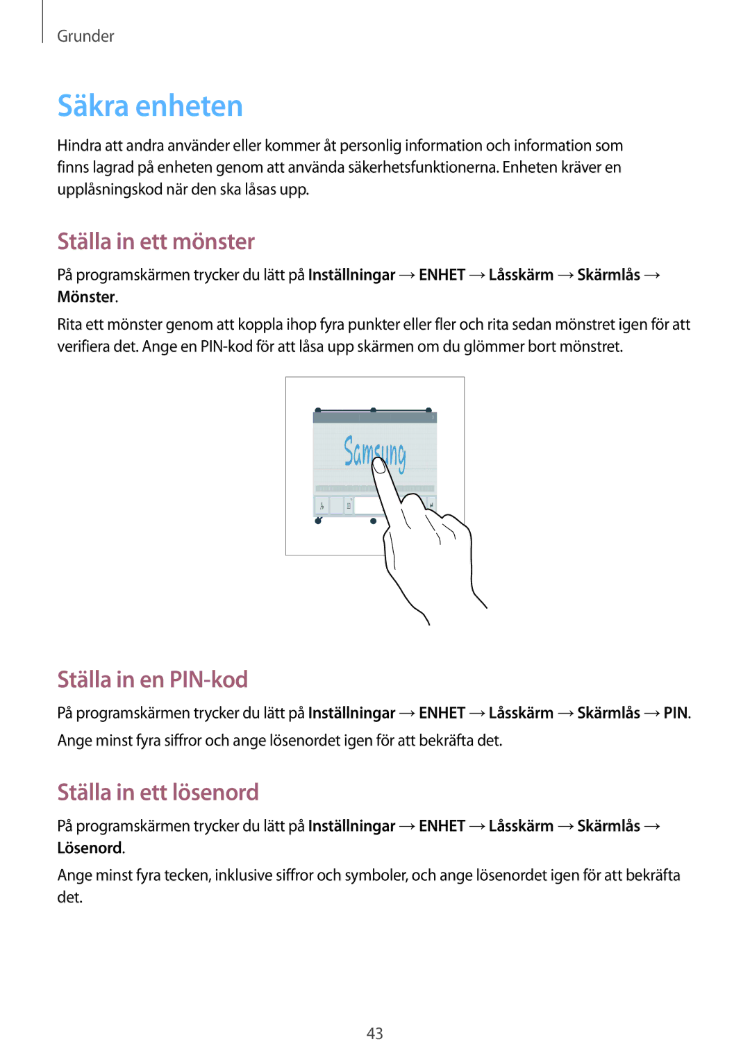 Samsung SM-T9000ZWANEE, SM-T9000ZKANEE Säkra enheten, Ställa in ett mönster, Ställa in en PIN-kod, Ställa in ett lösenord 