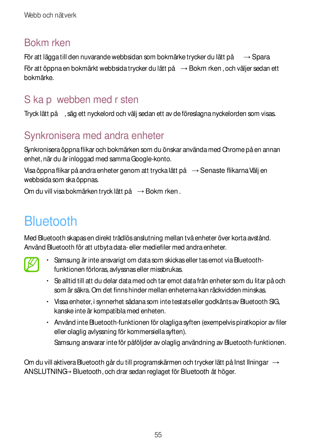 Samsung SM-T9000ZWANEE, SM-T9000ZKANEE manual Bluetooth, Synkronisera med andra enheter 