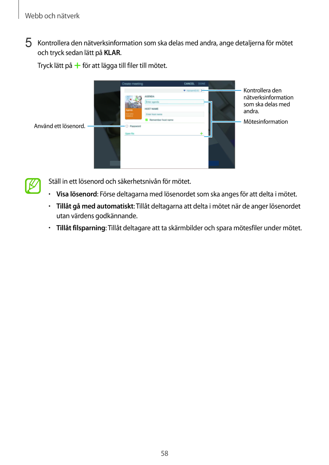Samsung SM-T9000ZKANEE, SM-T9000ZWANEE manual Ställ in ett lösenord och säkerhetsnivån för mötet 
