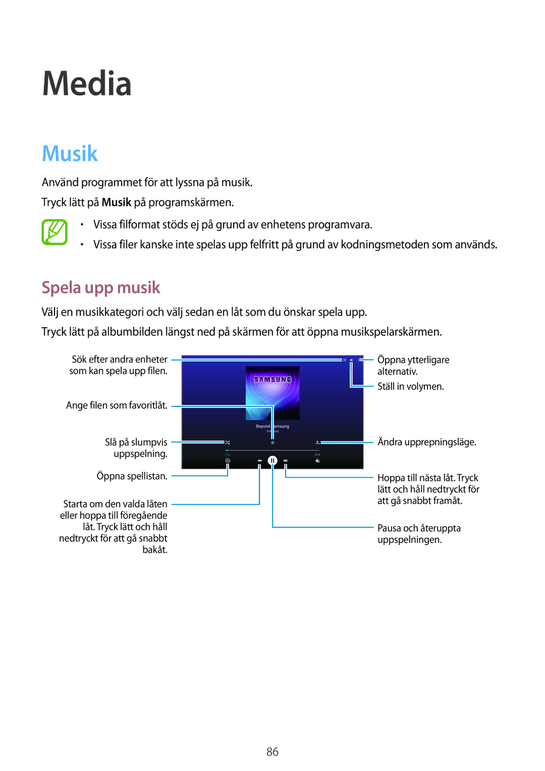 Samsung SM-T9000ZKANEE, SM-T9000ZWANEE manual Media, Musik, Spela upp musik 