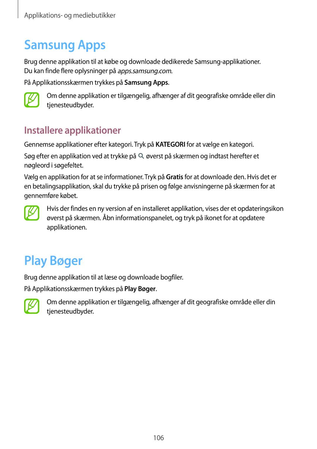 Samsung SM-T9000ZKANEE, SM-T9000ZWANEE manual Samsung Apps, Play Bøger 