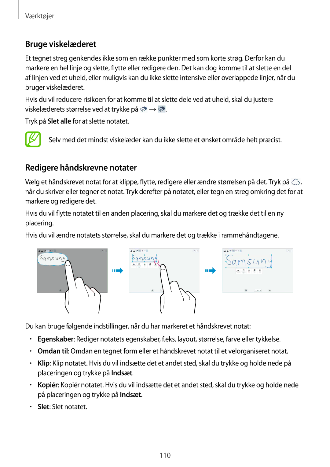 Samsung SM-T9000ZKANEE, SM-T9000ZWANEE manual Bruge viskelæderet, Redigere håndskrevne notater 