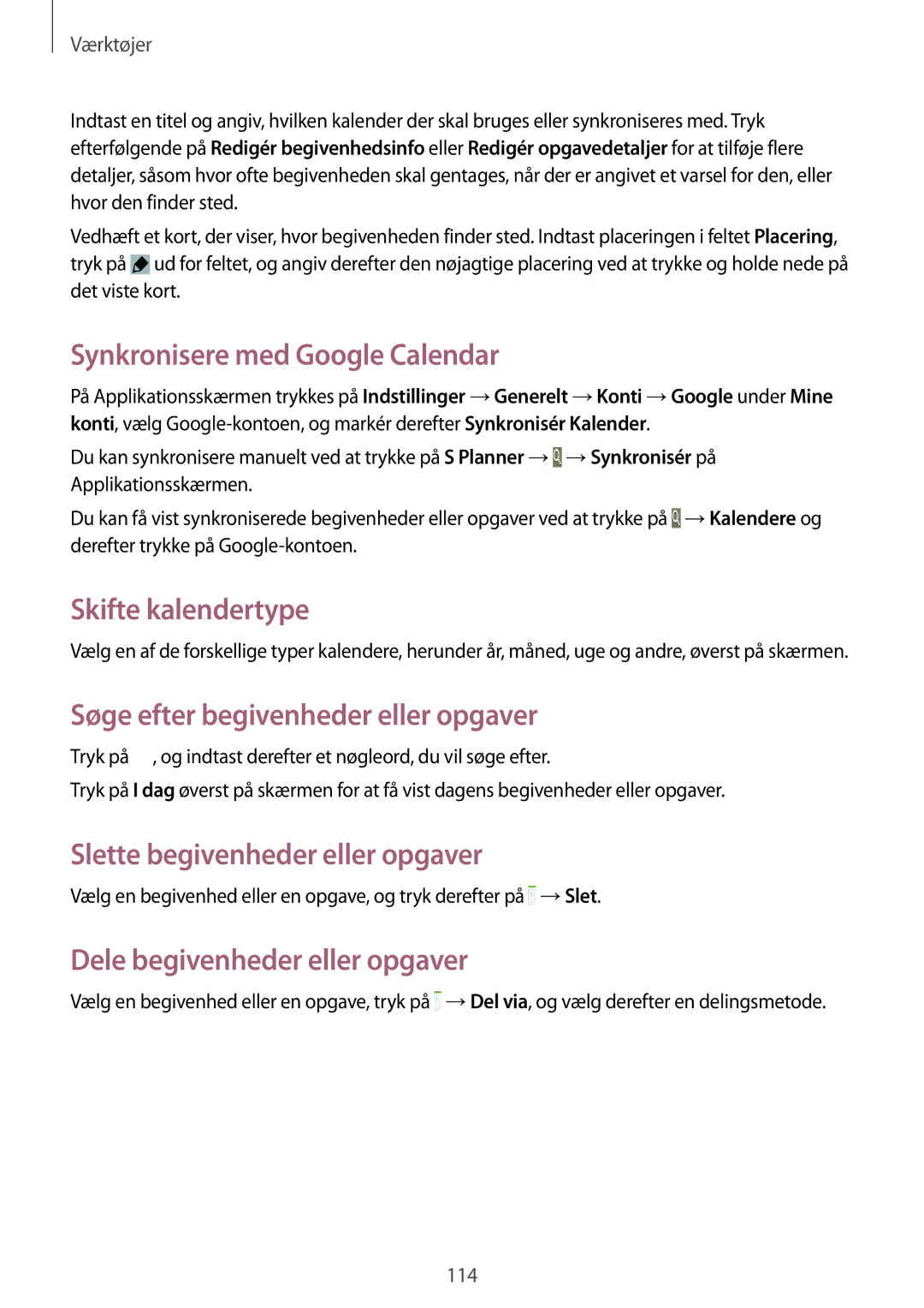 Samsung SM-T9000ZKANEE manual Synkronisere med Google Calendar, Skifte kalendertype, Søge efter begivenheder eller opgaver 