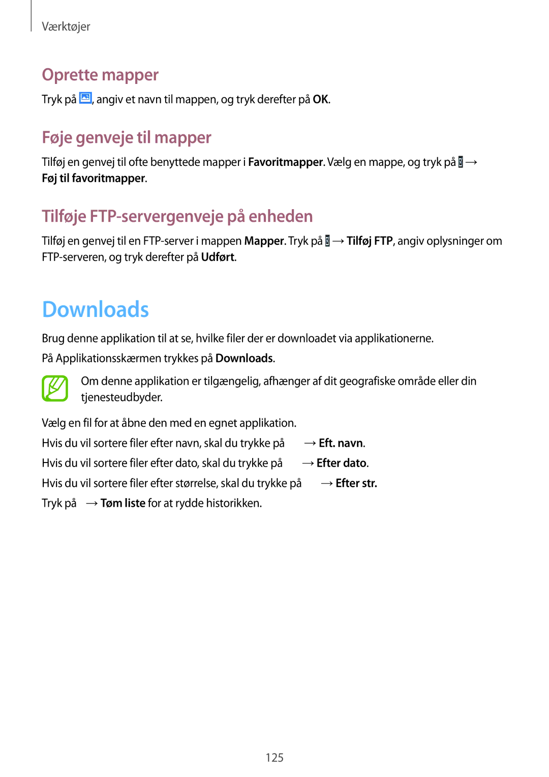 Samsung SM-T9000ZWANEE manual Downloads, Oprette mapper, Føje genveje til mapper, Tilføje FTP-servergenveje på enheden 