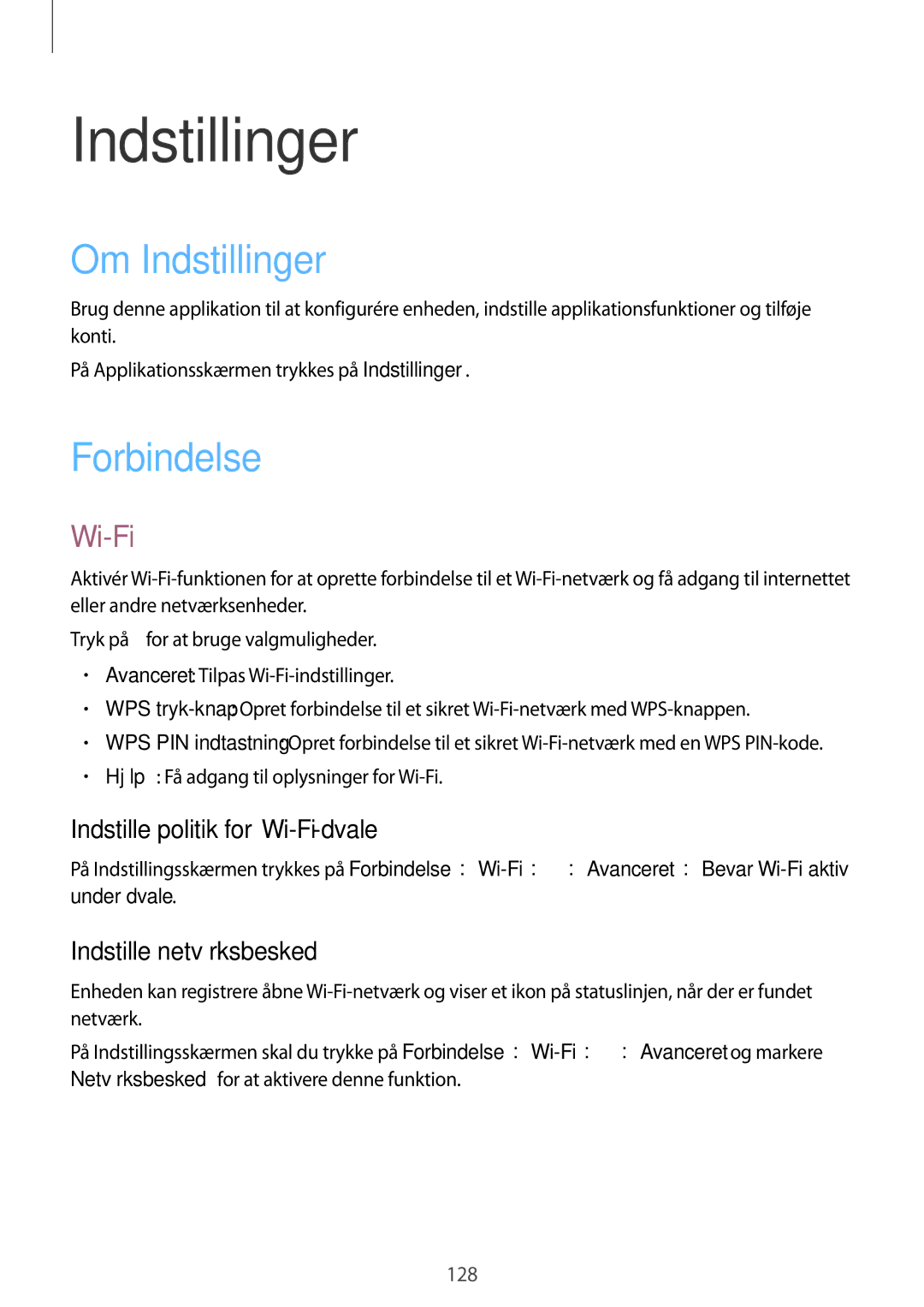 Samsung SM-T9000ZKANEE Om Indstillinger, Forbindelse, Indstille politik for Wi-Fi-dvale, Indstille netværksbesked 