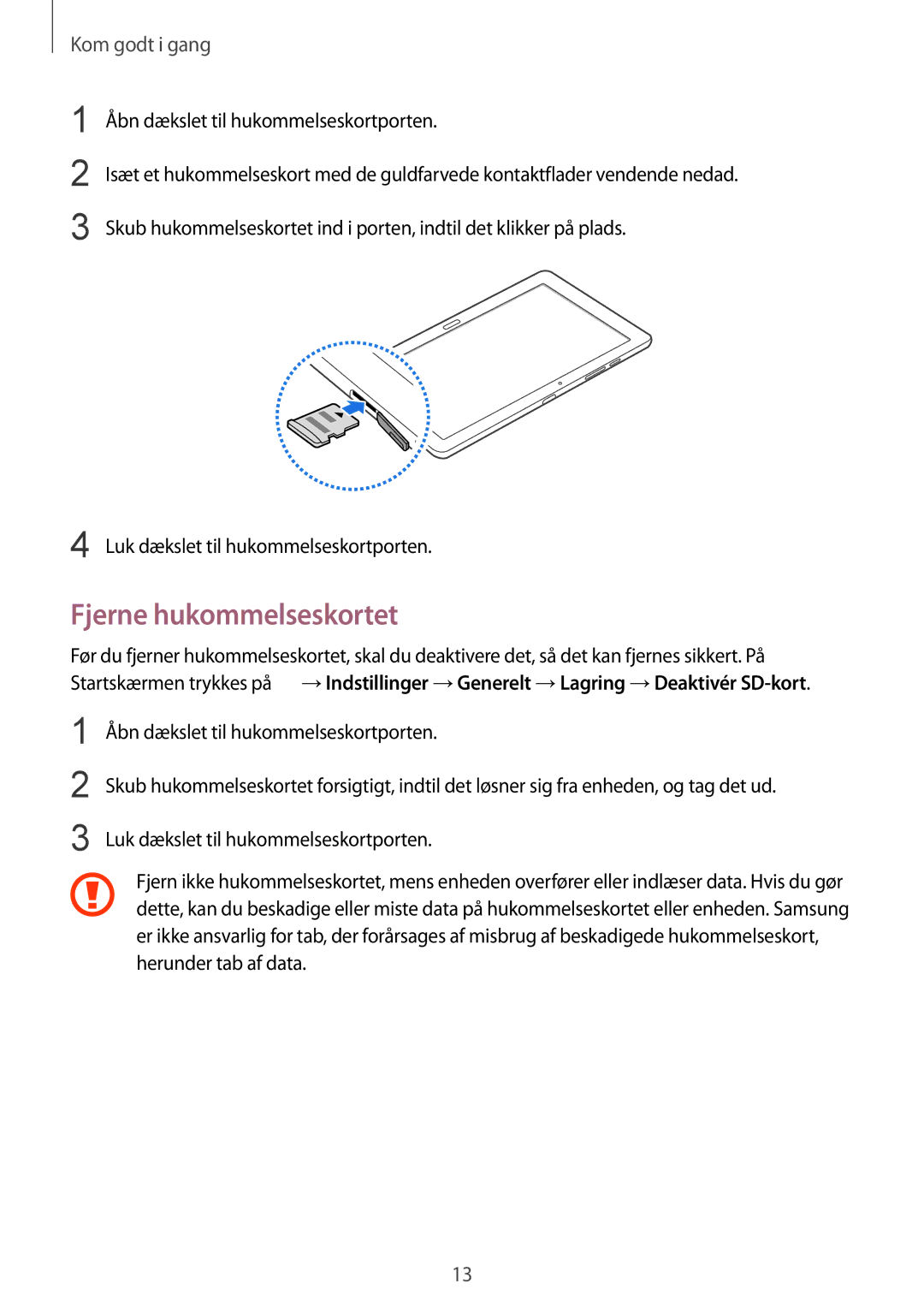 Samsung SM-T9000ZWANEE, SM-T9000ZKANEE manual Fjerne hukommelseskortet 