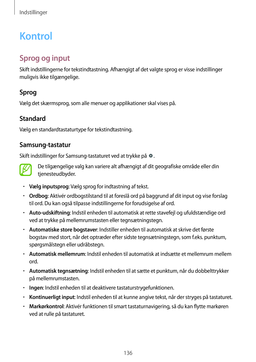 Samsung SM-T9000ZKANEE, SM-T9000ZWANEE manual Kontrol, Sprog og input, Standard, Samsung-tastatur 