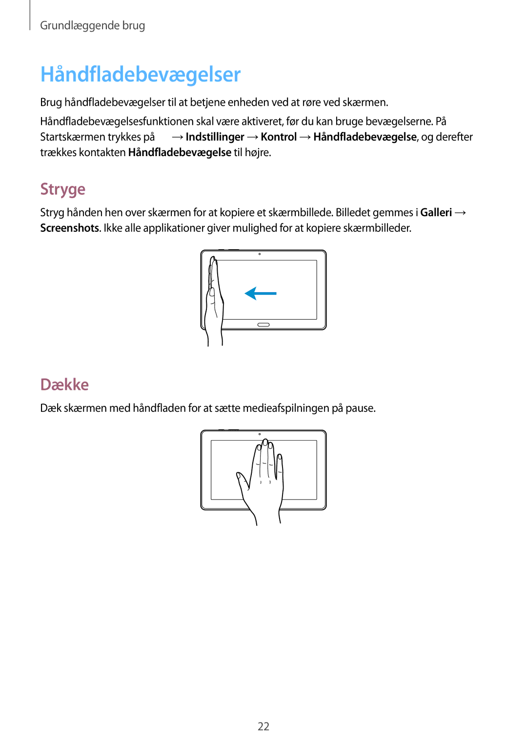 Samsung SM-T9000ZKANEE, SM-T9000ZWANEE manual Håndfladebevægelser, Stryge, Dække 