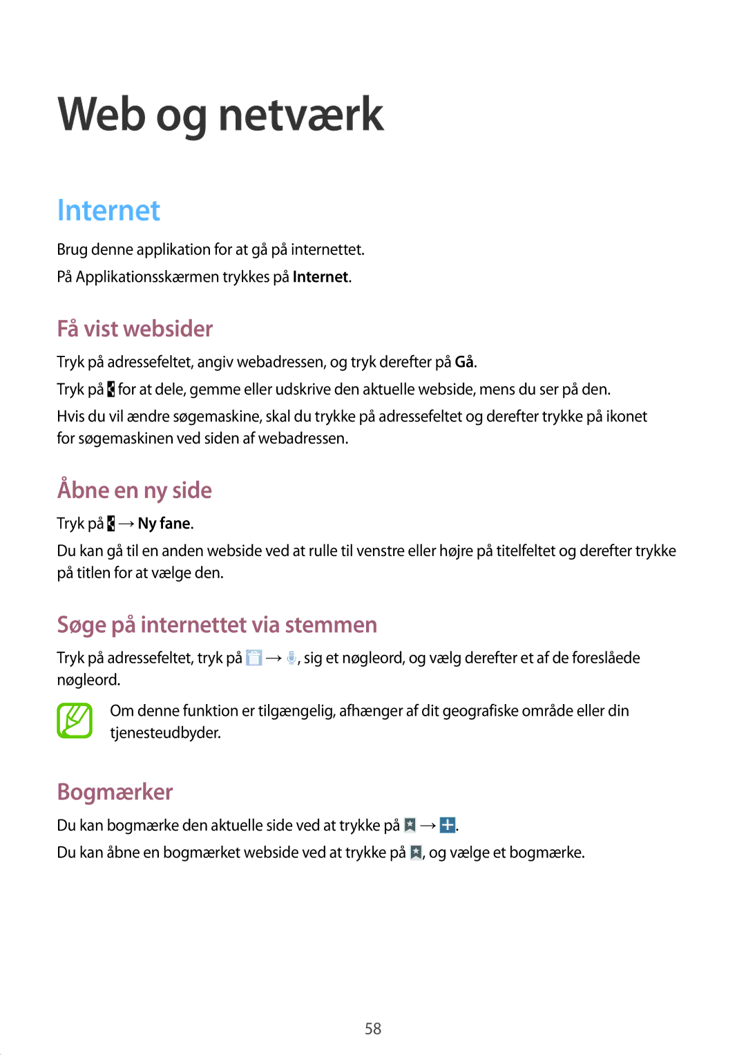 Samsung SM-T9000ZKANEE manual Internet, Få vist websider, Åbne en ny side, Søge på internettet via stemmen, Bogmærker 