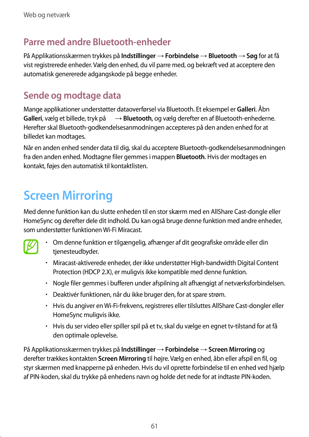 Samsung SM-T9000ZWANEE, SM-T9000ZKANEE manual Screen Mirroring, Parre med andre Bluetooth-enheder, Sende og modtage data 