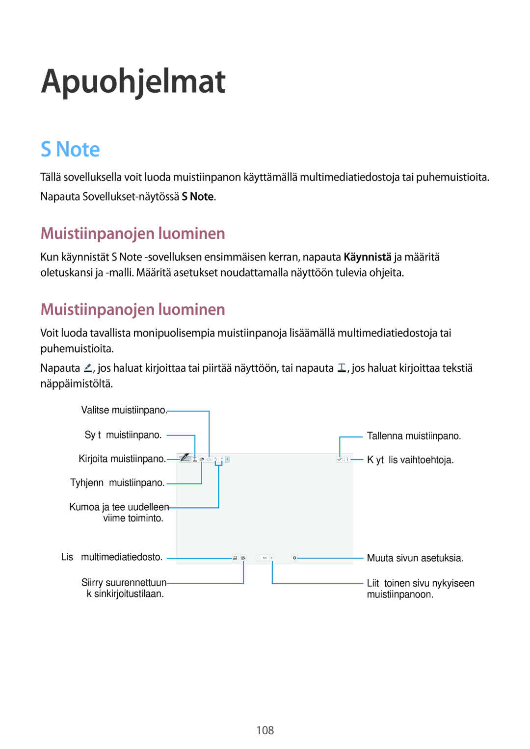 Samsung SM-T9000ZKANEE, SM-T9000ZWANEE manual Apuohjelmat, Muistiinpanojen luominen 