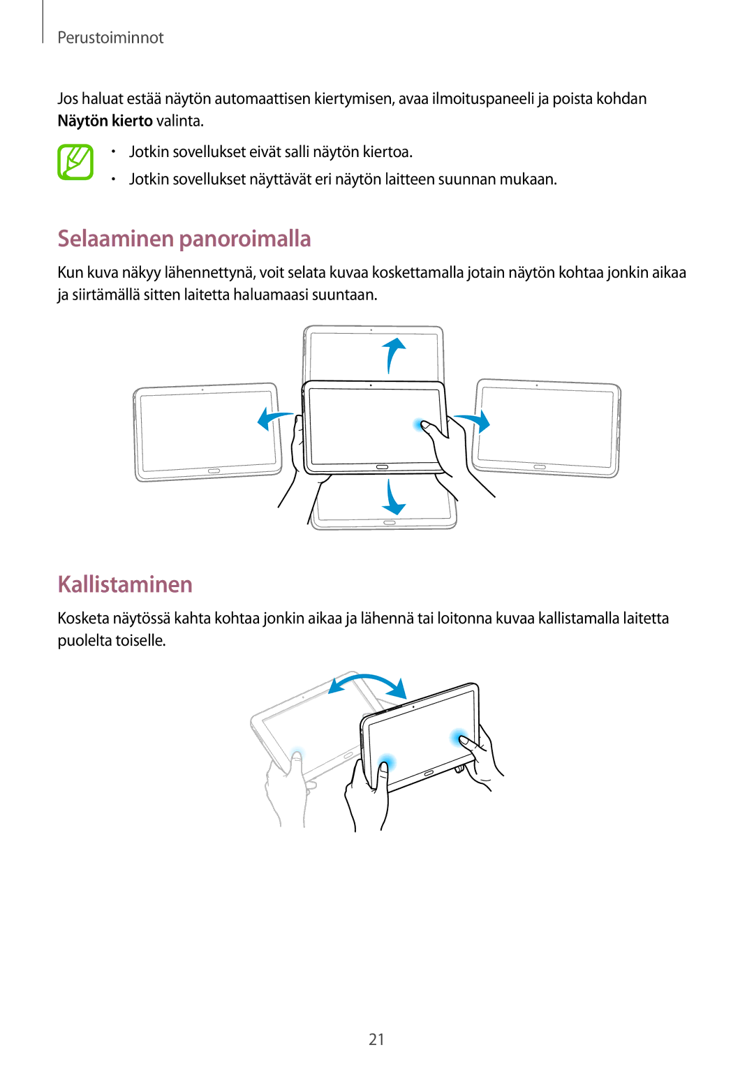 Samsung SM-T9000ZWANEE, SM-T9000ZKANEE manual Selaaminen panoroimalla, Kallistaminen 