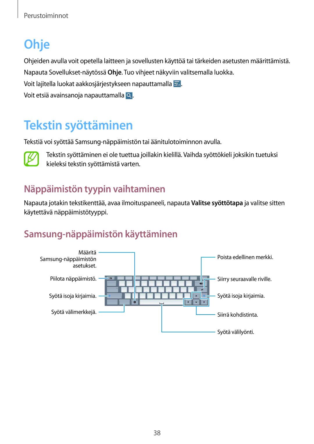 Samsung SM-T9000ZKANEE, SM-T9000ZWANEE manual Ohje, Tekstin syöttäminen, Näppäimistön tyypin vaihtaminen 