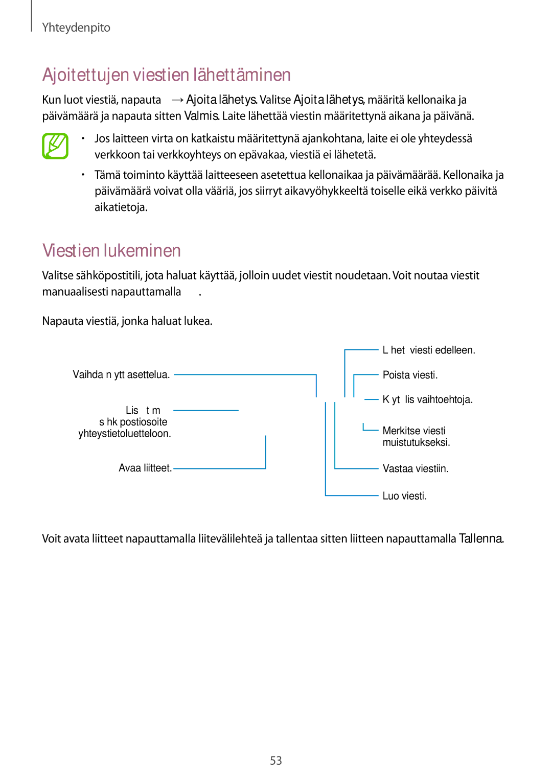 Samsung SM-T9000ZWANEE, SM-T9000ZKANEE manual Ajoitettujen viestien lähettäminen, Viestien lukeminen 