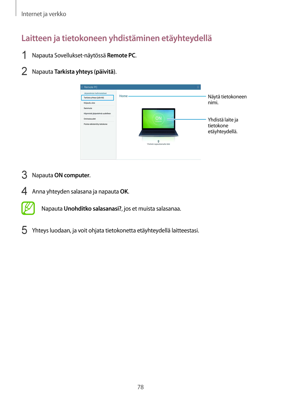 Samsung SM-T9000ZKANEE, SM-T9000ZWANEE Laitteen ja tietokoneen yhdistäminen etäyhteydellä, Napauta Tarkista yhteys päivitä 