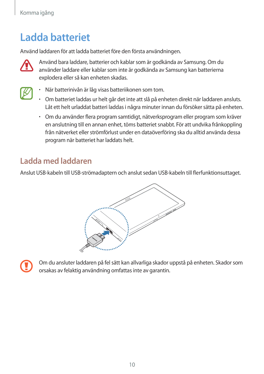 Samsung SM-T9000ZKANEE, SM-T9000ZWANEE manual Ladda batteriet, Ladda med laddaren 